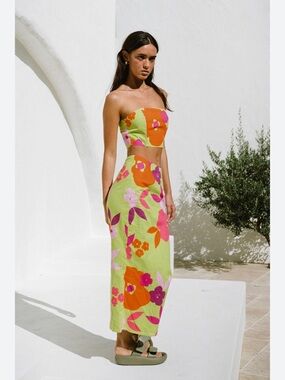 Sabo Skirt Lime Green Multi Floral Midi Skirt with top (two pieces)